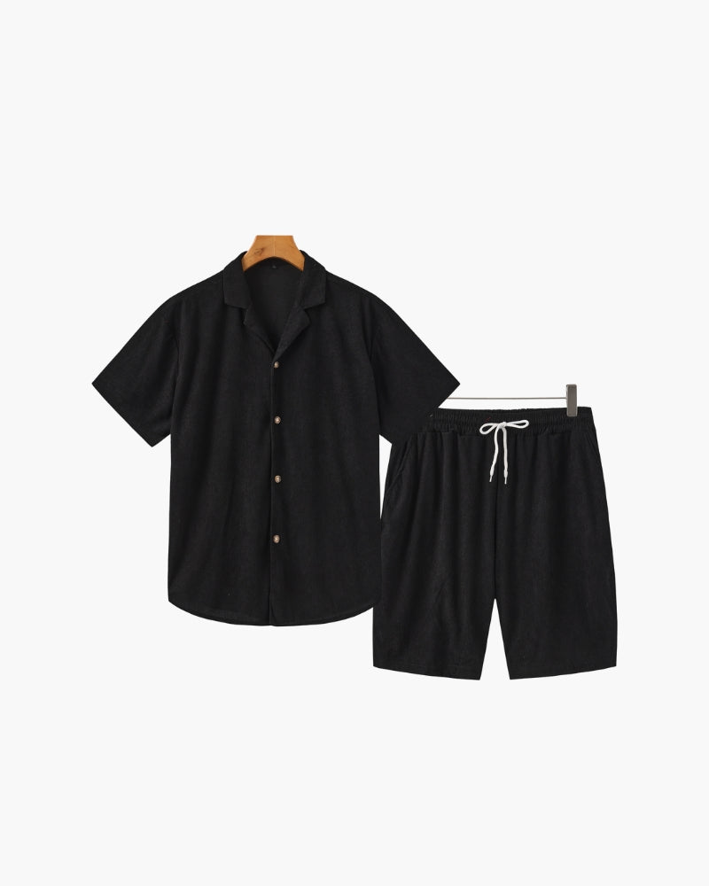 Luxurious Riviera Velvet Cord Set: Stylish Relaxed-Fit Shirt & Drawstring Shorts