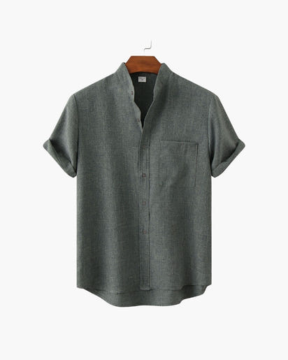Men's Mandarin Collar Short Sleeve Shirt - Relaxed Fit, Breathable Cotton Blend