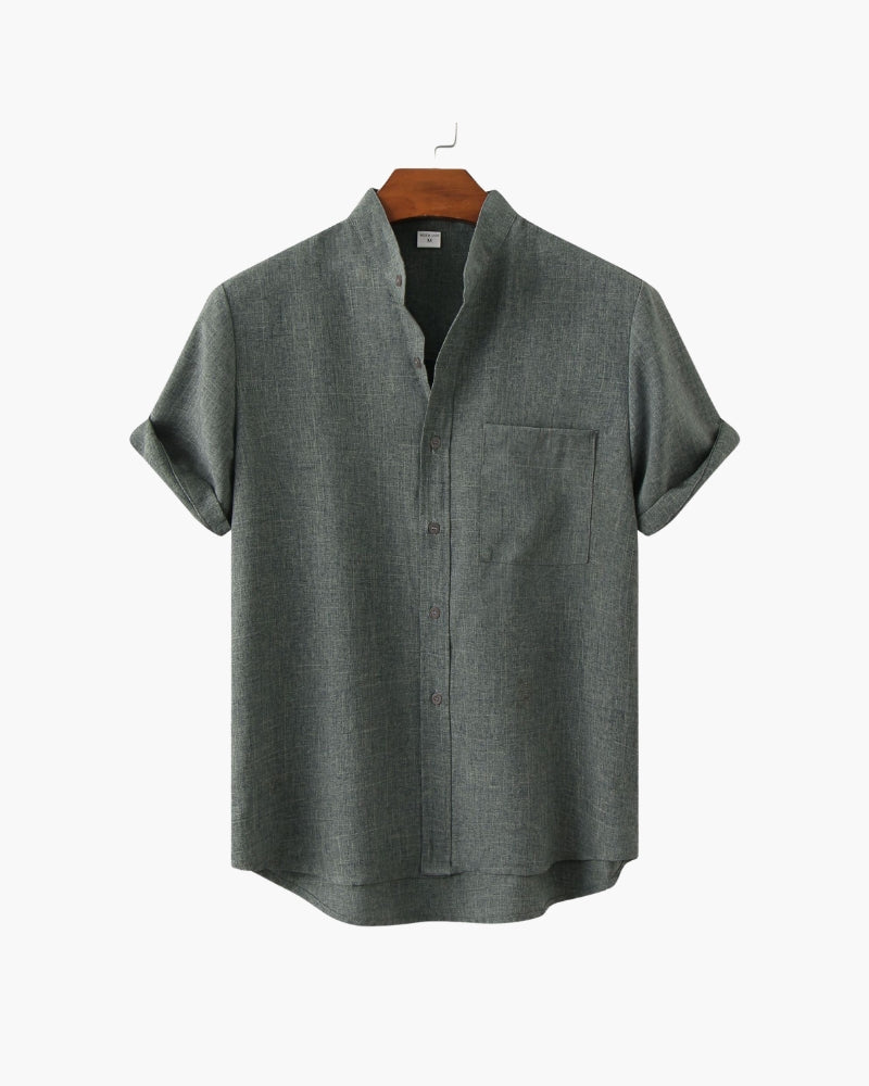 Men's Mandarin Collar Short Sleeve Shirt - Relaxed Fit, Breathable Cotton Blend
