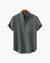 Men's Mandarin Collar Short Sleeve Shirt - Relaxed Fit, Breathable Cotton Blend