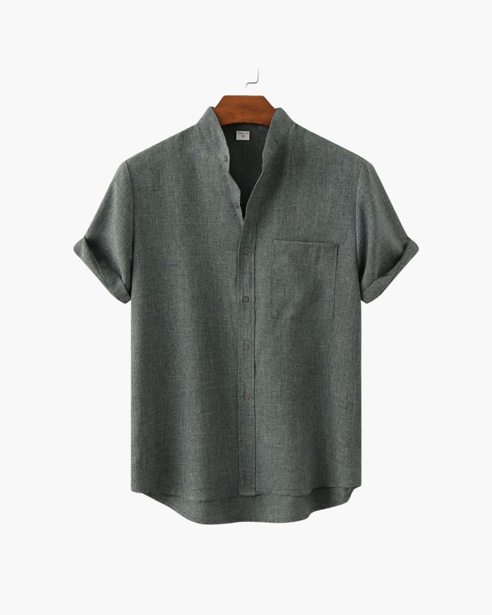 Men's Mandarin Collar Short Sleeve Shirt - Relaxed Fit, Breathable Cotton Blend