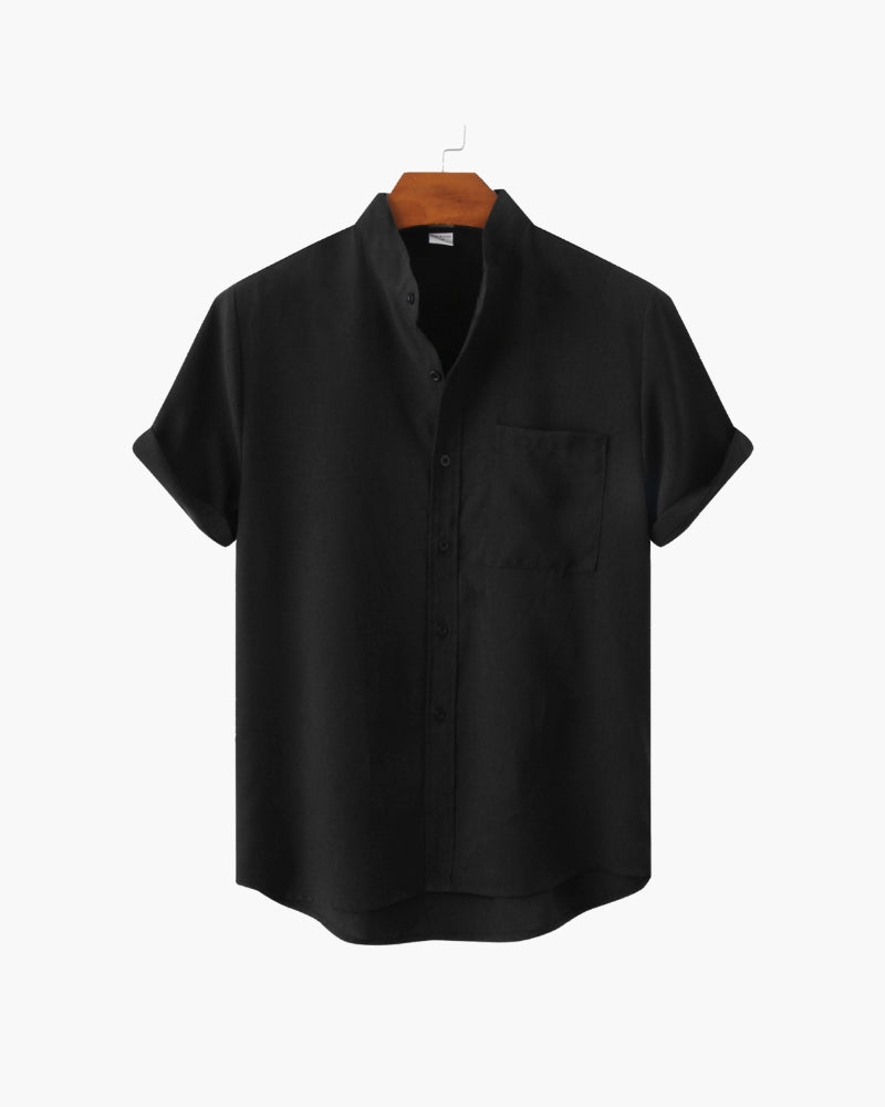 Men's Mandarin Collar Short Sleeve Shirt - Relaxed Fit, Breathable Cotton Blend