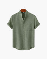 Men's Mandarin Collar Short Sleeve Shirt - Relaxed Fit, Breathable Cotton Blend