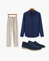 Men's Timeless Blue Linen Shirt, Beige Pants, Suede Loafers Outfit Bundle