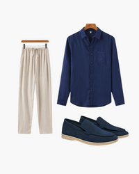 Men's Timeless Blue Linen Shirt, Beige Pants, Suede Loafers Outfit Bundle