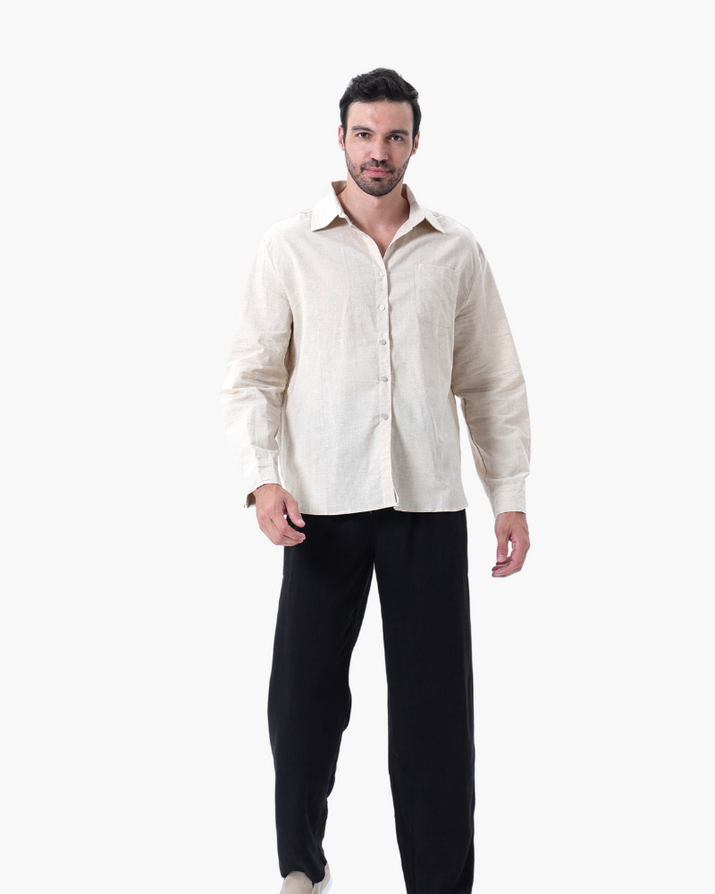 Men's Relaxed Fit Breathable Linen Longsleeve Shirt & Pant Combo Set