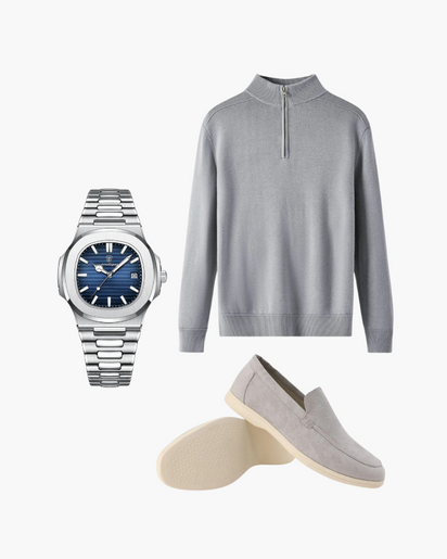 Luxury Men's Winter Outfit Bundle: Merino Wool Zip-Up, Gstaad Watch & Suede Loafers