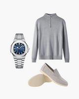 Luxury Men's Winter Outfit Bundle: Merino Wool Zip-Up, Gstaad Watch & Suede Loafers