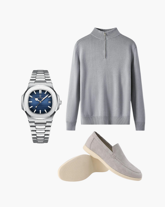 Luxury Men's Winter Outfit Bundle: Merino Wool Zip-Up, Gstaad Watch & Suede Loafers
