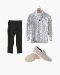 Men's Elegant Winter Walk Outfit: Gray Zip-Up, Black Pants, Suede Loafers