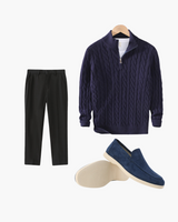 Men's Amsterdam Stroll Winter Outfit Bundle: Marine Zip-Up, Black Pants, Suede Loafers