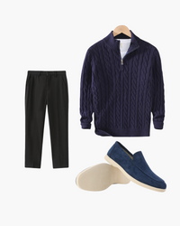 Men's Amsterdam Stroll Winter Outfit Bundle: Marine Zip-Up, Black Pants, Suede Loafers