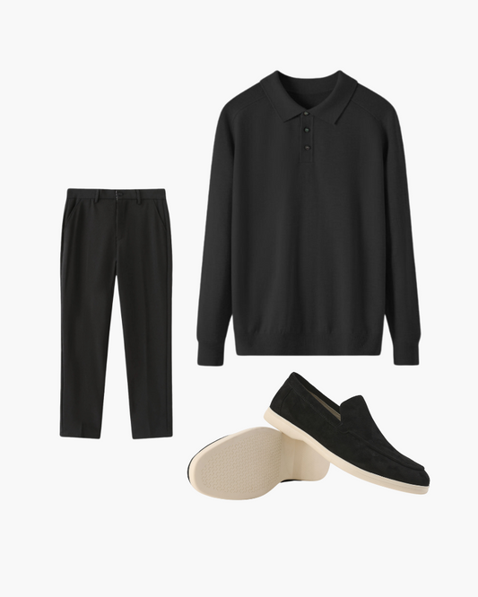 Men's Premium Black Winter Dinner Outfit: Wool Polo, Stretchy Pants, Loafers