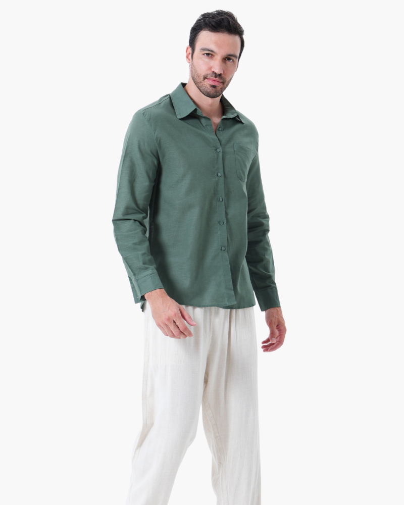 Men's Relaxed Fit Breathable Linen Longsleeve Shirt & Pant Combo Set