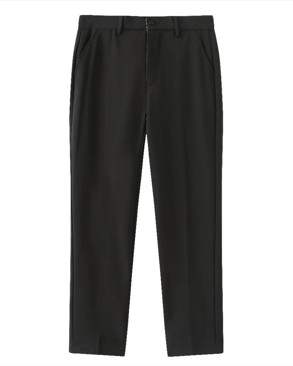 Men's Elegant Winter Walk Outfit: Gray Zip-Up, Black Pants, Suede Loafers