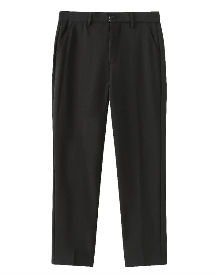 Men's Elegant Winter Walk Outfit: Gray Zip-Up, Black Pants, Suede Loafers